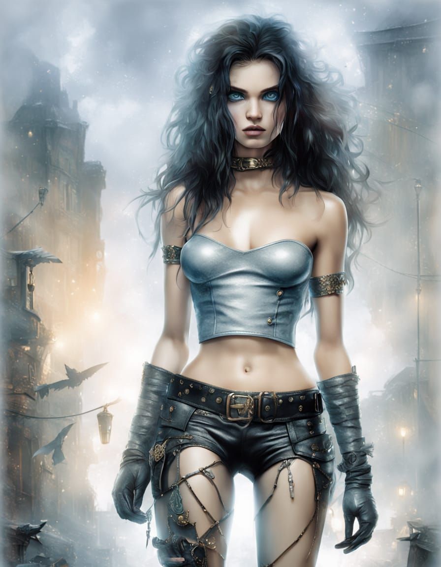 Anime-Style Woman in Leather, Digital Art