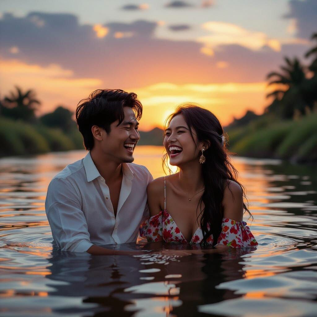 Cambodian Couple Laughing by River at Sunset
