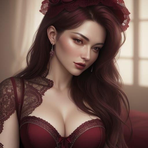 Woman in Burgundy Lace Corset Poses Seductively