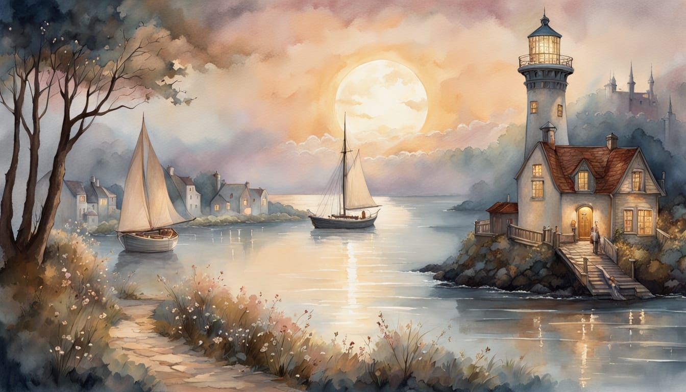 Enchanting Seaside Lighthouse in Misty Fairy Tale Illustrati...