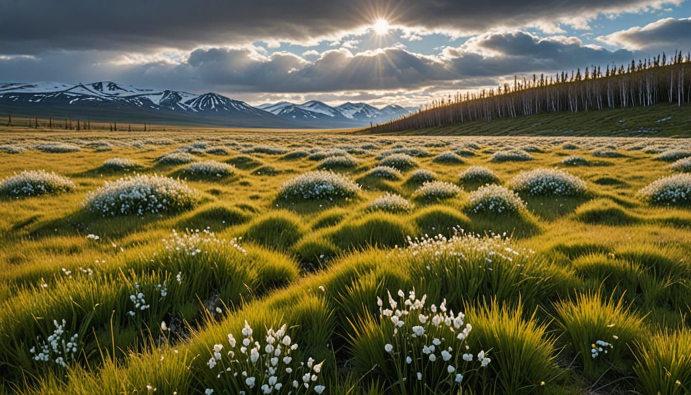 Windswept Tundra Blooms with Spring Snow and Birch Groves