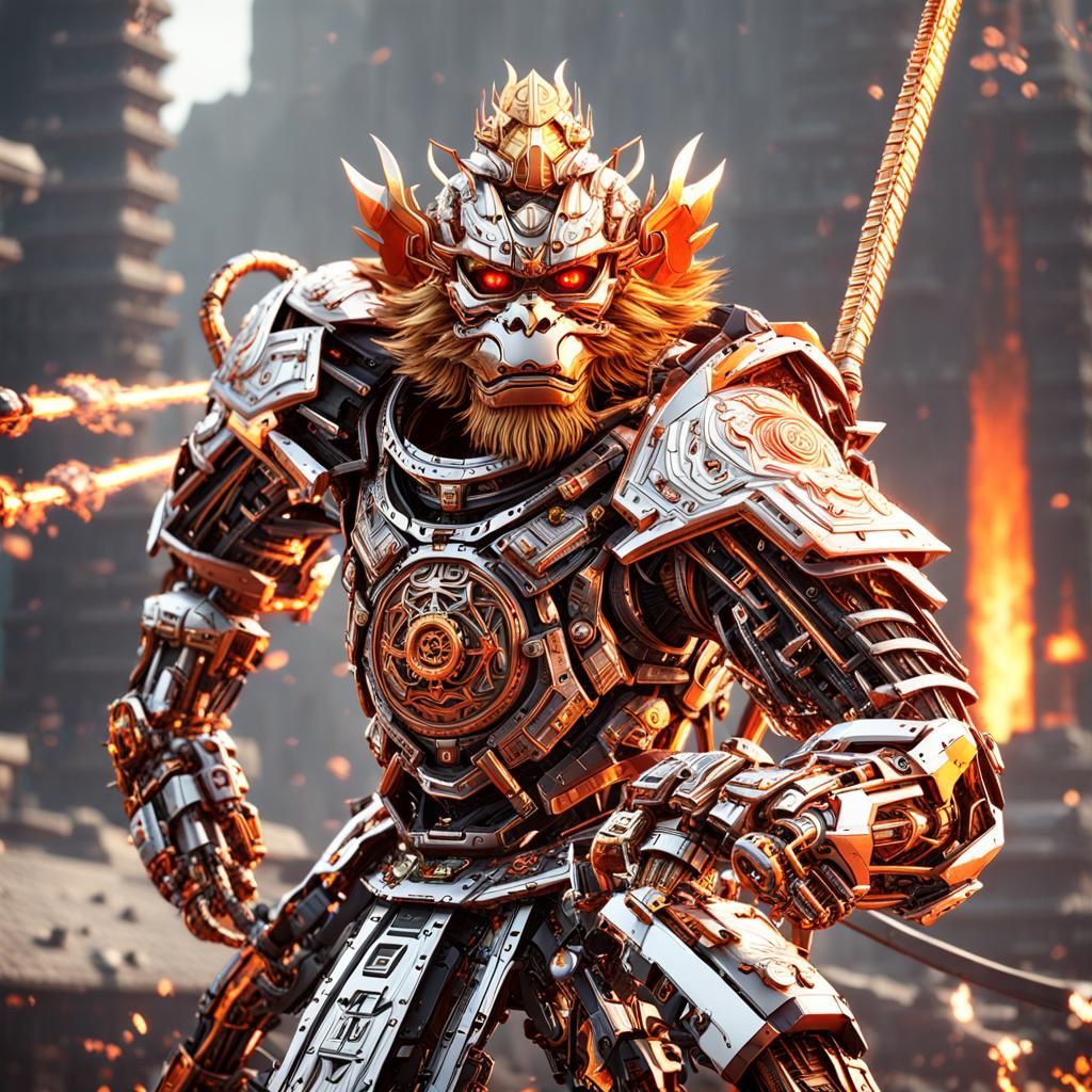Futuristic Japanese Fire Monkey King Robot