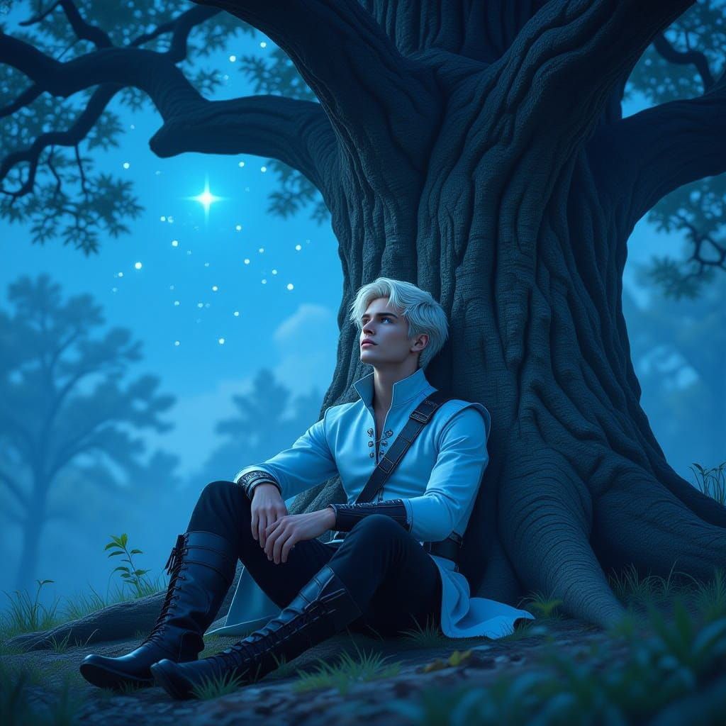 Young Man Gazes at Stars Under Oak Tree