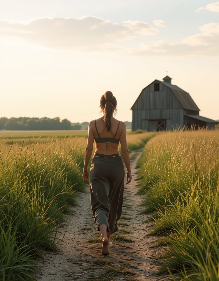 Barefoot Woman Walks on Tiptoes Near Old Barn