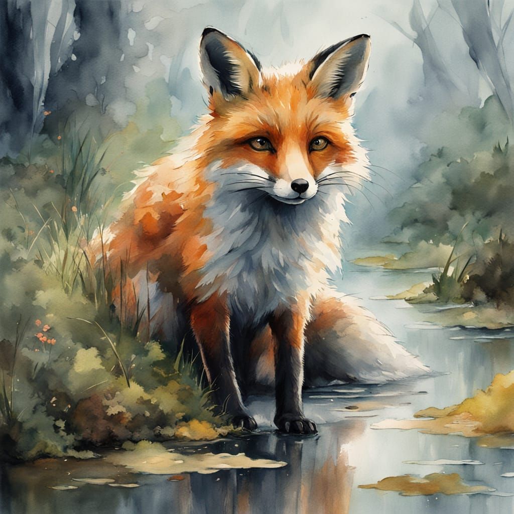 Whimsical Watercolor Portrait of a Fox and Frog