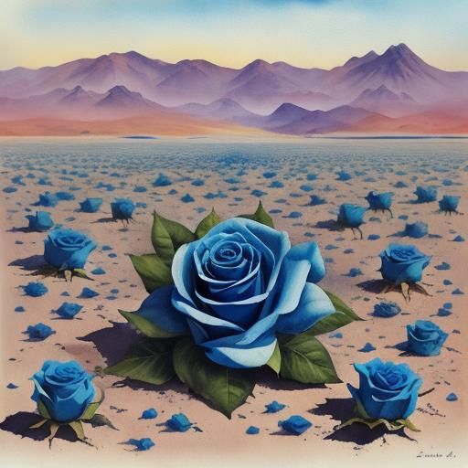 Surreal Blue Rose in Desert, Watercolor Style