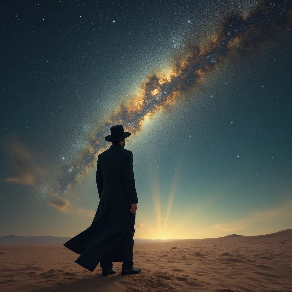 Hasidic Figure Gazing at Galaxy in Surrealist Style