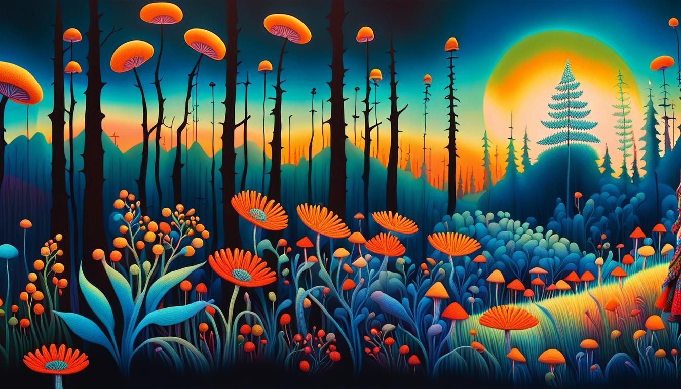 Girl in Psychedelic Forest, Huichol Yarn Painting