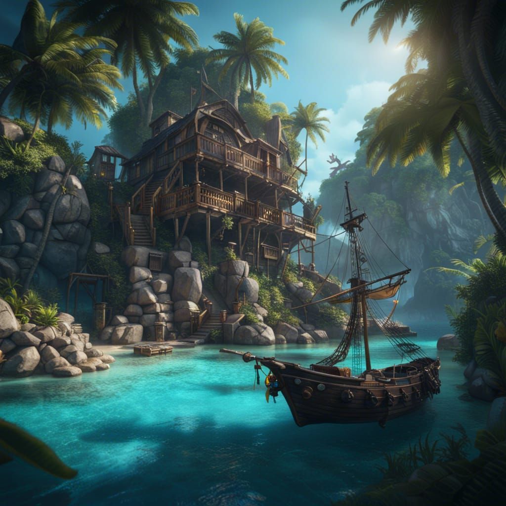 Pirate Hideout in Caribbean Cove, Detailed Digital Art