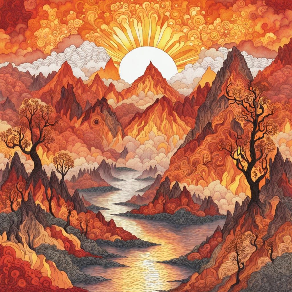 Surreal Dreamscape with Burning Sky and Alien Trees