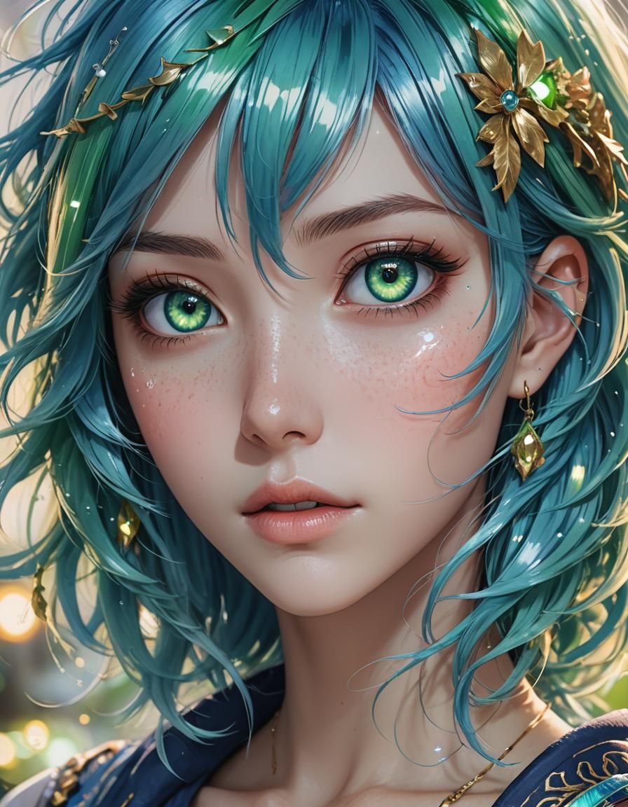 Anime Portrait: Blue Hair, Green Eyes, Digital Art