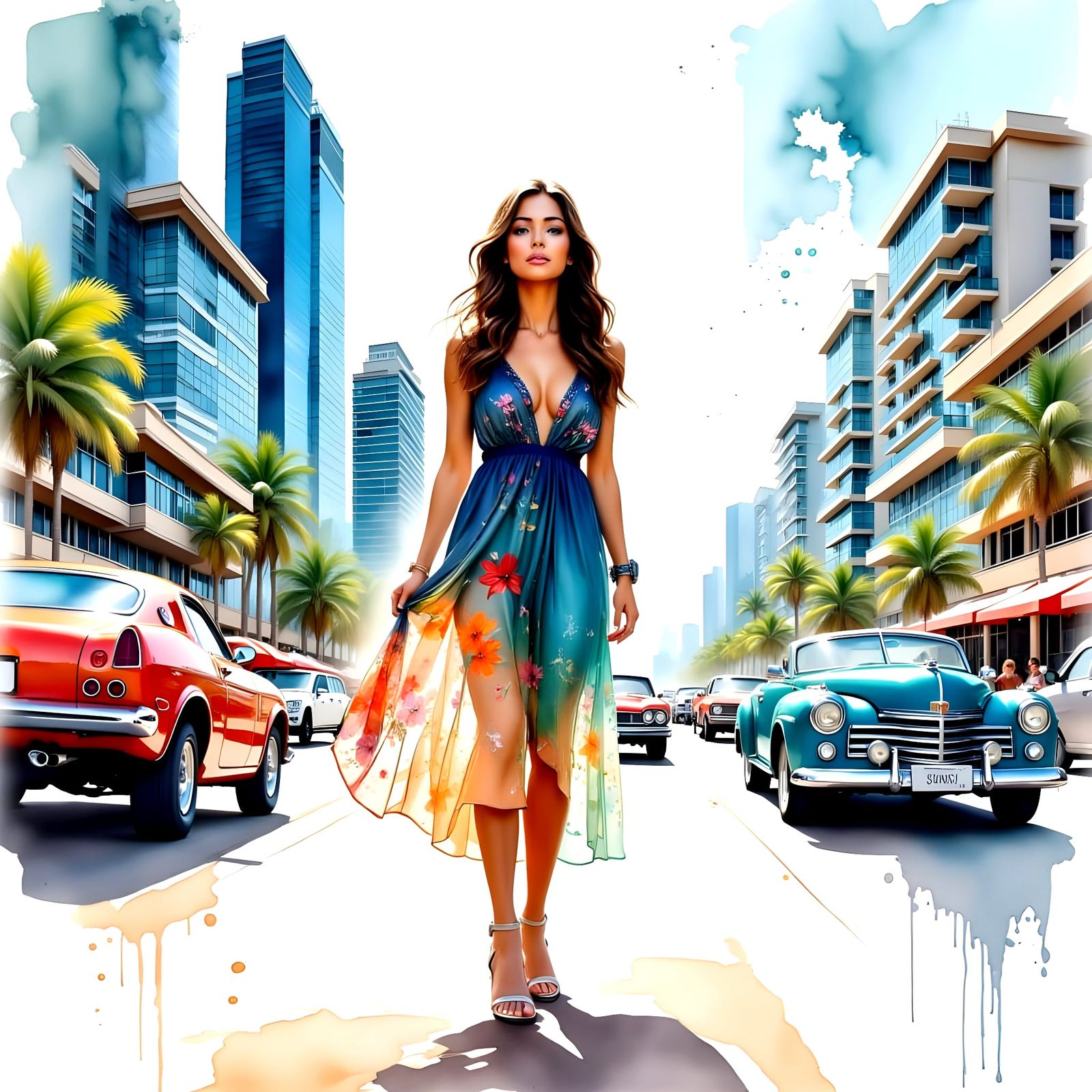 Miami Beach Cityscape in Watercolor Alcohol Ink