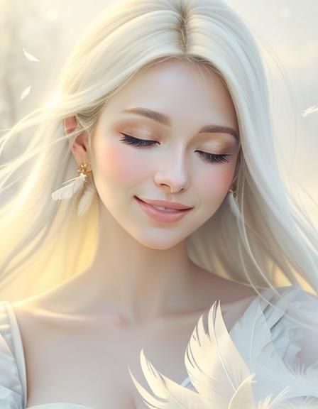 Dreamy Oil Painting of Woman Surrounded by Feathers