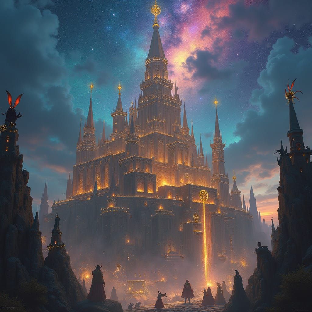Magical Metropolis at Night, Iridescent Spires and Fey Creat...
