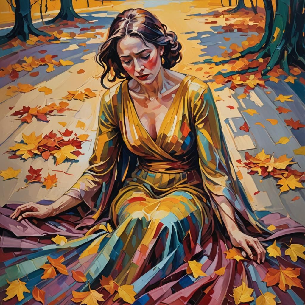 Woman Weeping in Autumnal Fauvist Painting
