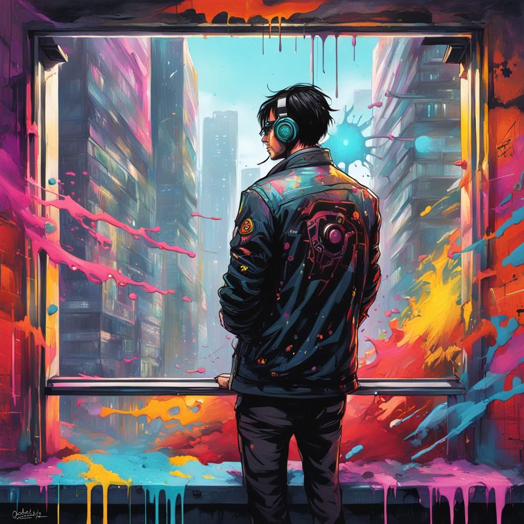 Cyberpunk Executive Gazing Out Window with Graffiti Art