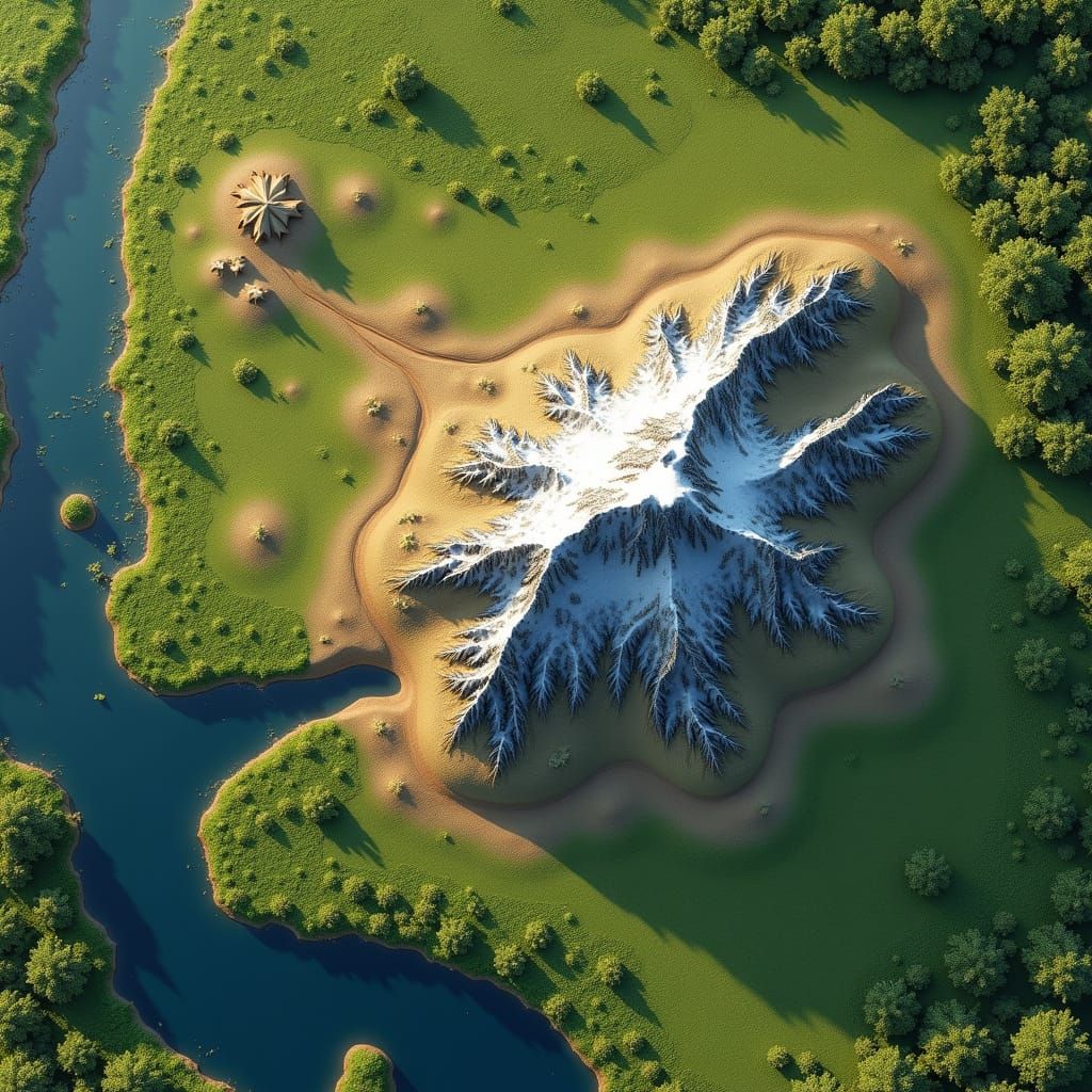 Realistic Satellite Map of River, Desert, and Snow-Capped Mo...