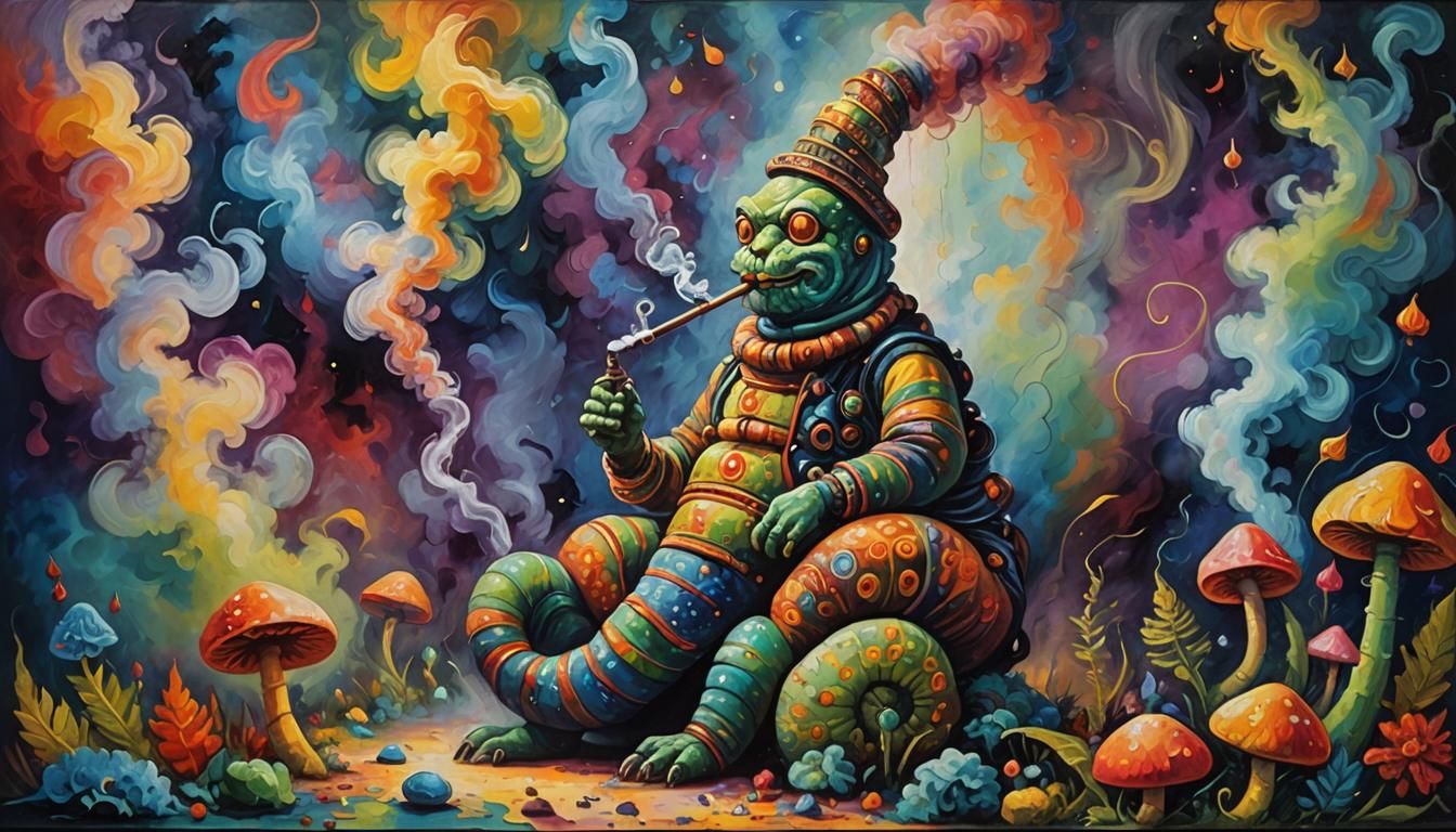 Caterpillar Smoking Hookah on Mushroom, Impressionist Oil