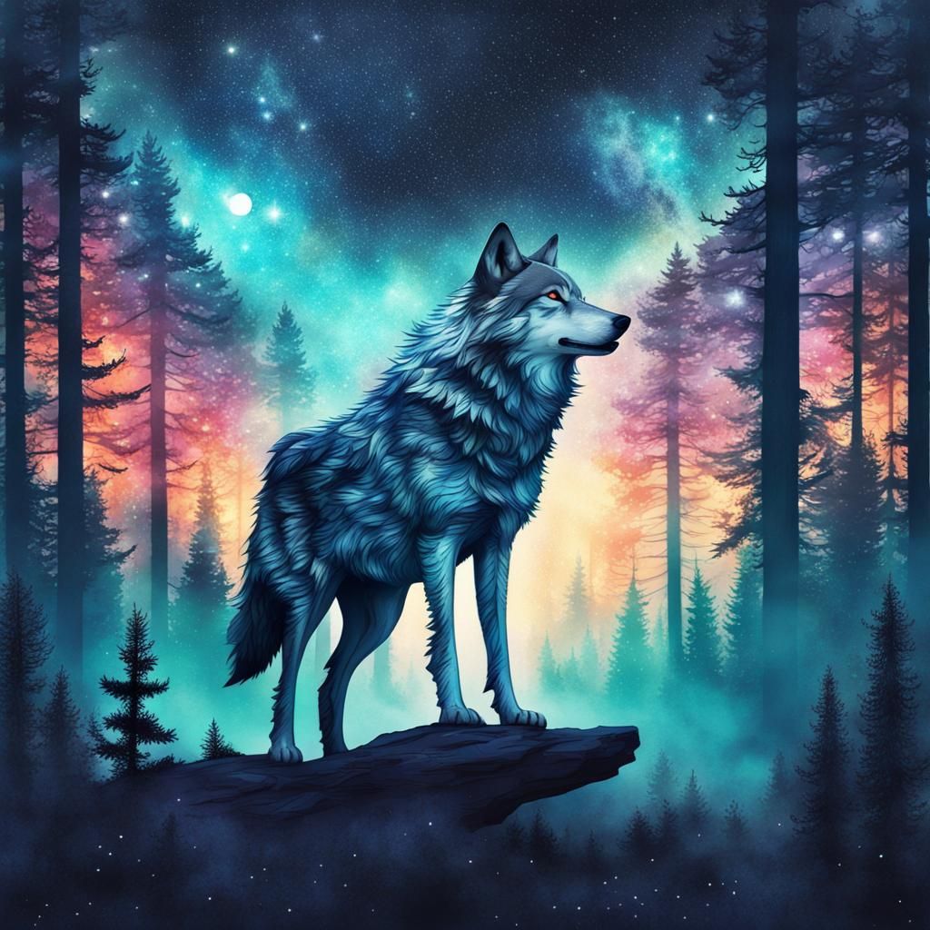 Fantasy Forest Galaxy Night with Wolf in Double Exposure