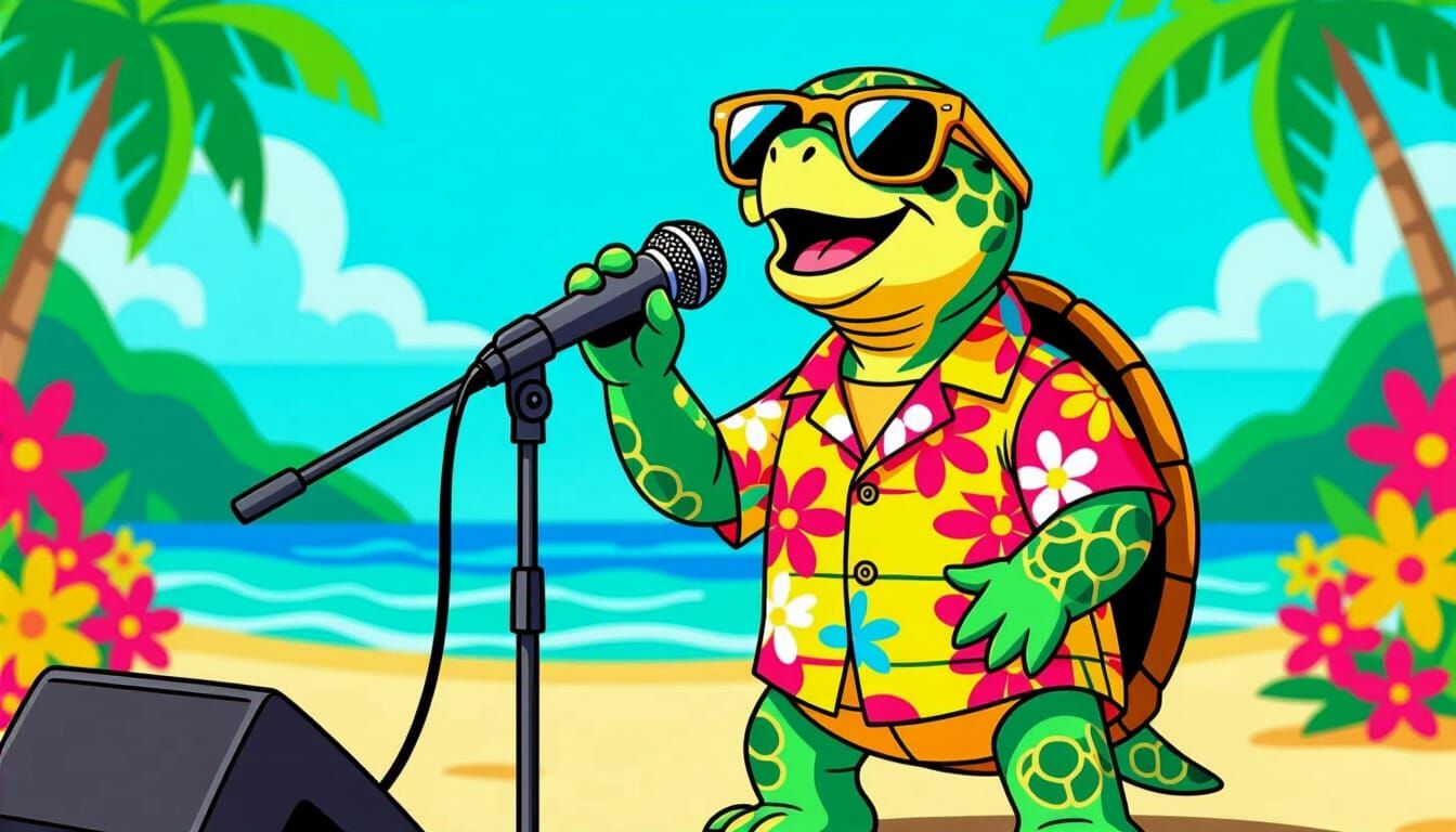 Singing Turtle on Beach Stage in Pop Art Style