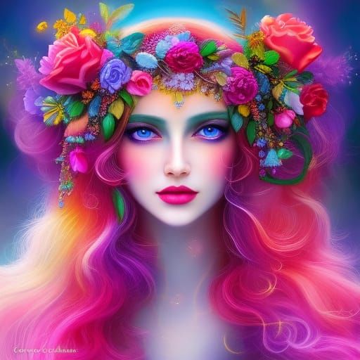 Whimsical Flower Crown Portrait in Digital Art