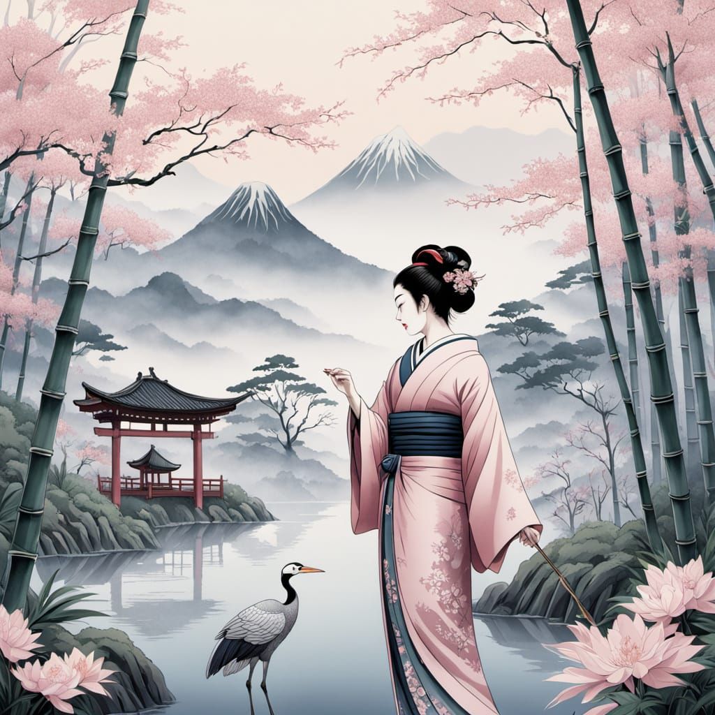 Geisha in Misty Bamboo Forest, Ukiyo-e Style