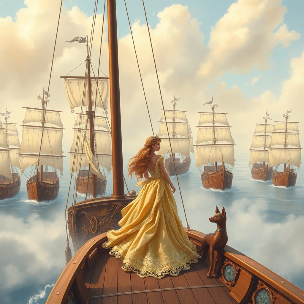 Golden Princess on Majestic Wooden Sailboat in Whimsical Dre...