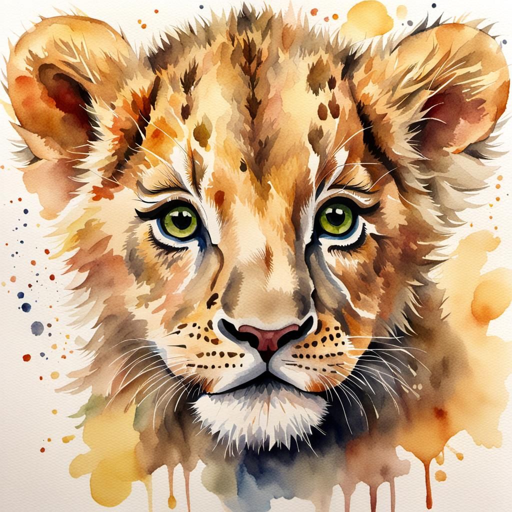 Watercolor Painting of a Playful Lion Cub
