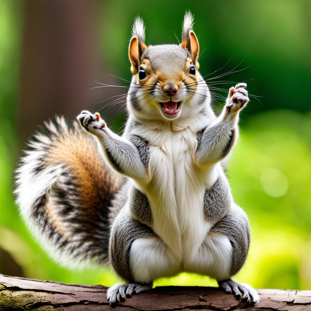 Cute Fluffy Squirrel Dancing Joyfully and Smiling