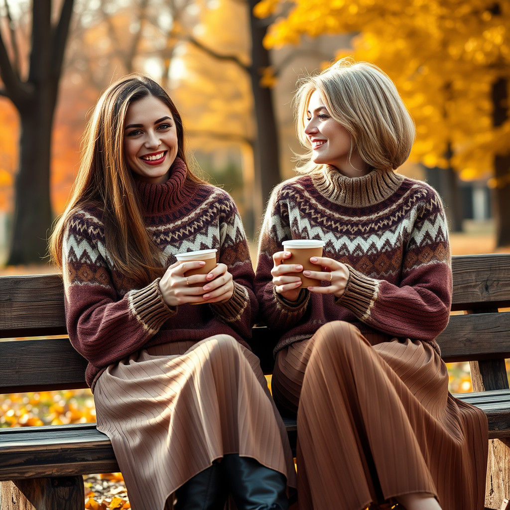Elegant Women in Autumn Park, Fantasy Concept Art