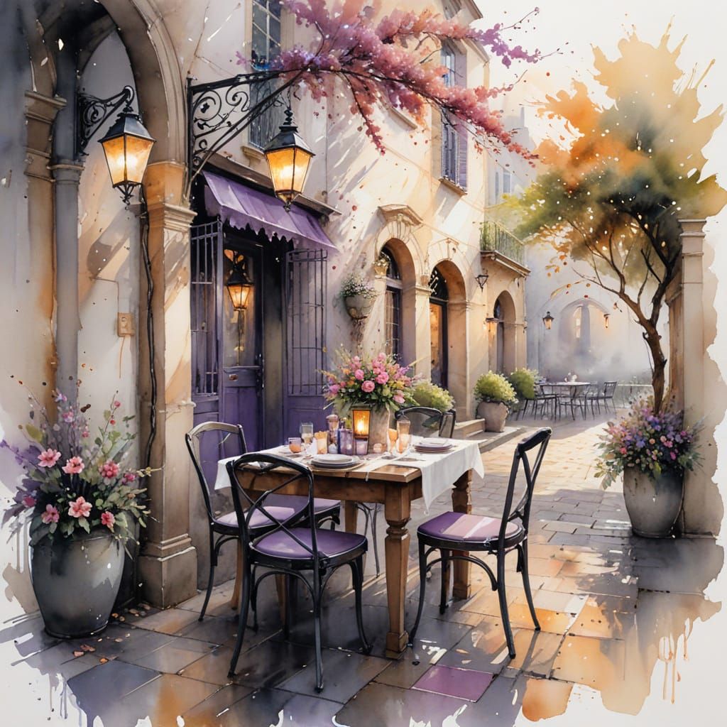 French Cafe in Spring in Impressionistic Style