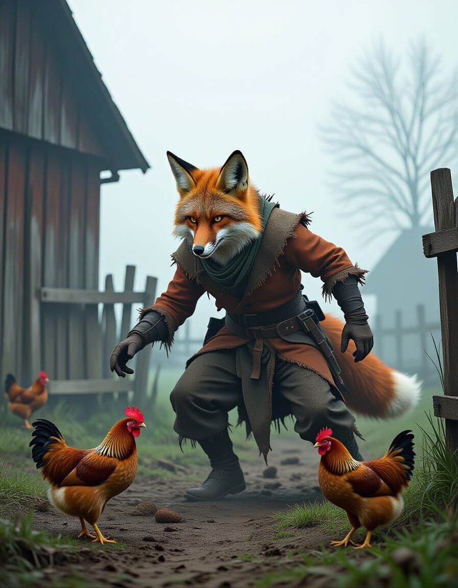 Sinister Fox Ambushing Chickens in Misty Farmyard