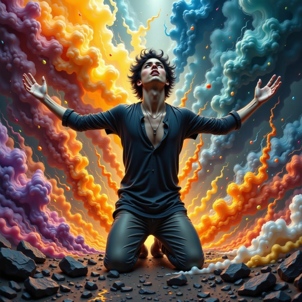 Distraught Man in Colorful Fumes, in Ash Thorp Style