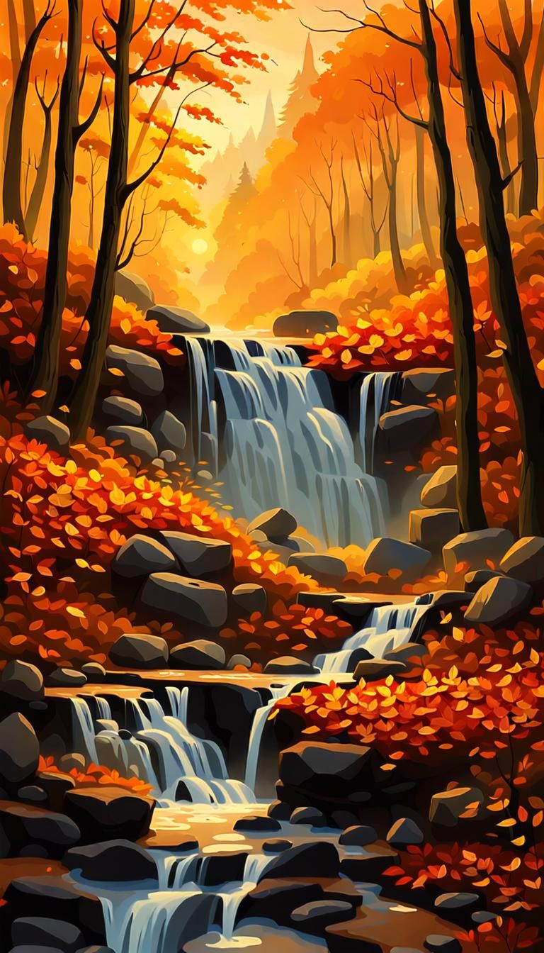 Autumnal Waterfall in Luminous Impressionism