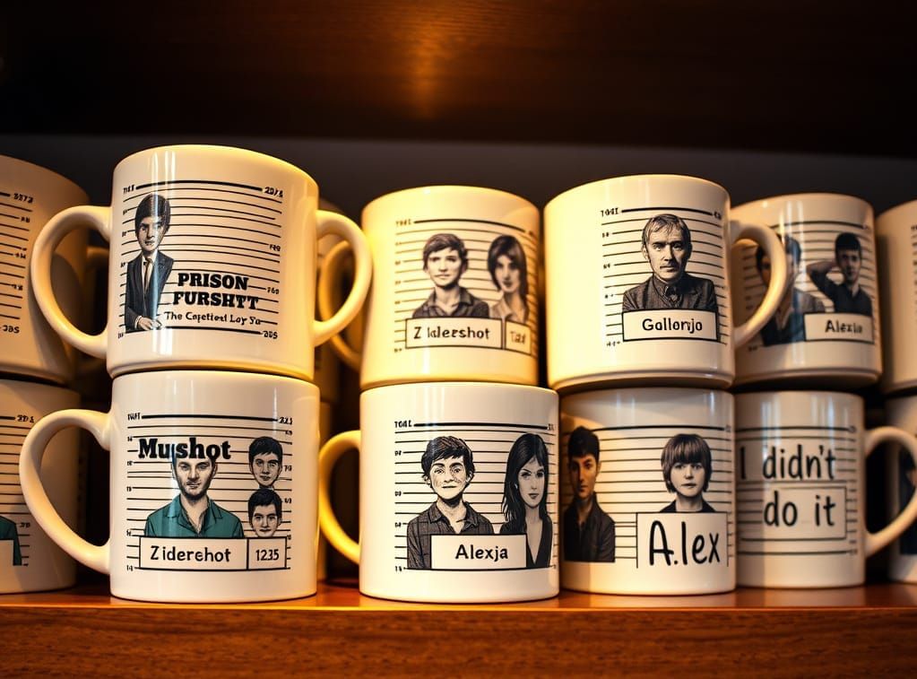 Funny Mugshot Coffee Mugs on Display
