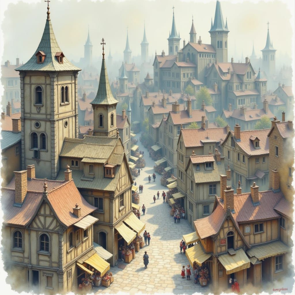 Watercolor Bird's Eye View of Medieval City