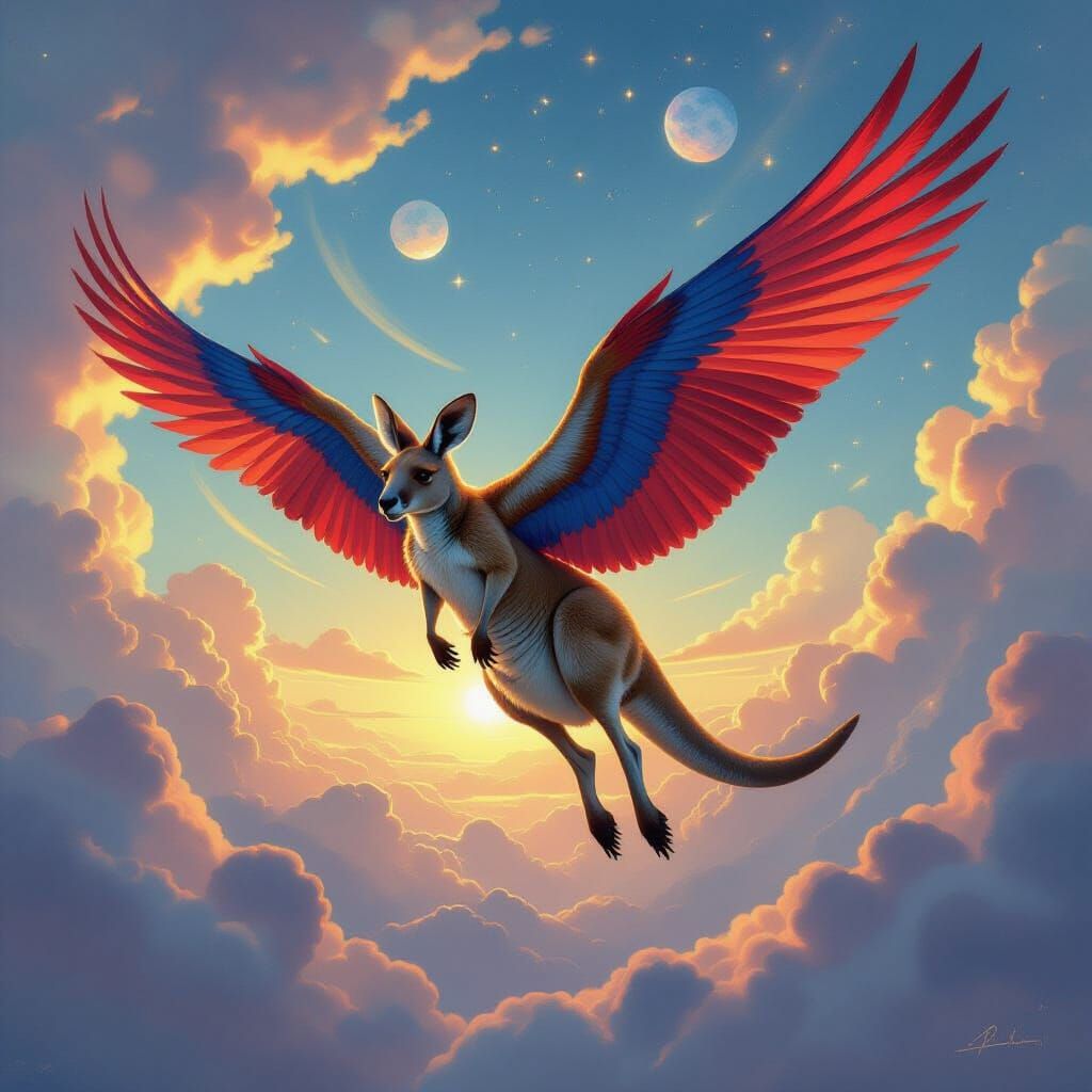 Winged Kangaroo Soaring in Fantasy Sky