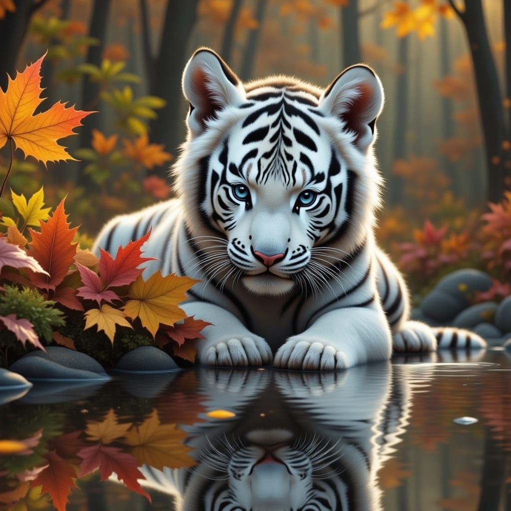 White Siberian Tiger Cub in Autumn Jungle