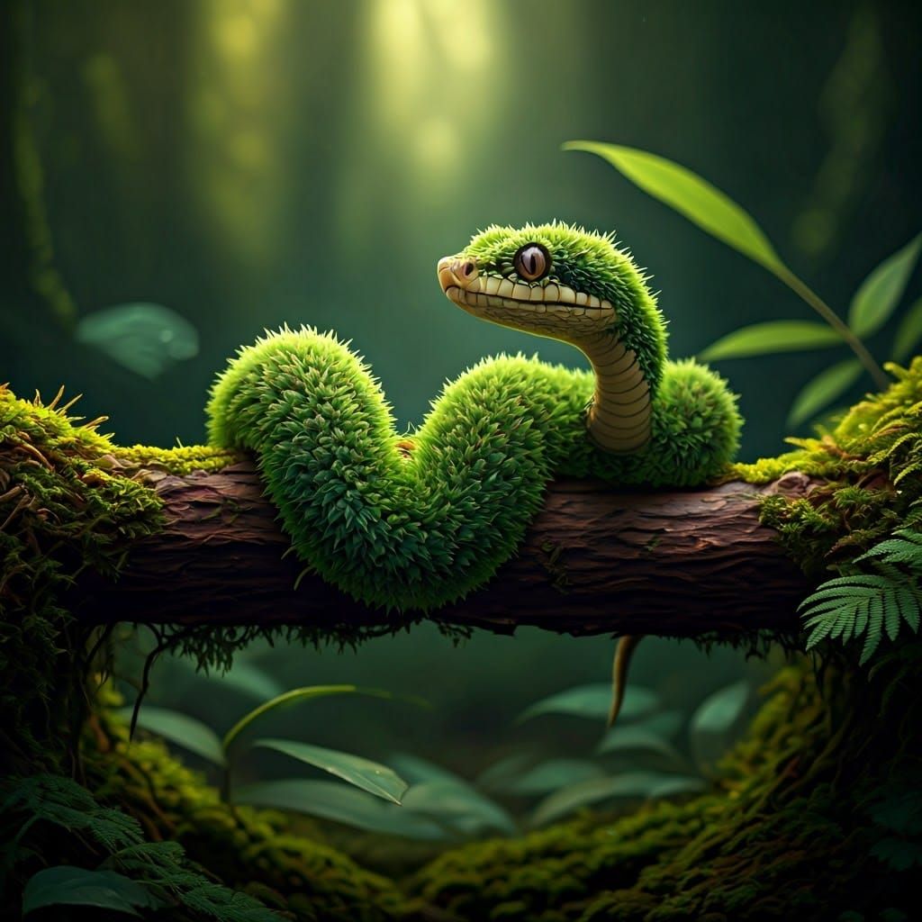 Adorable Moss Snake in Lush Forest, Fantasy Art