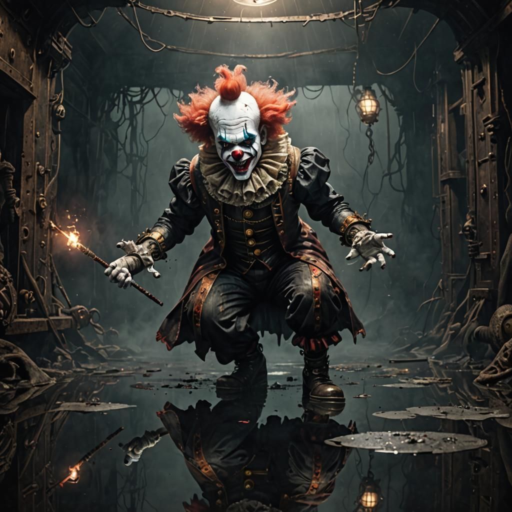 Horror Clown Fights Reflection in Steampunk Abyss