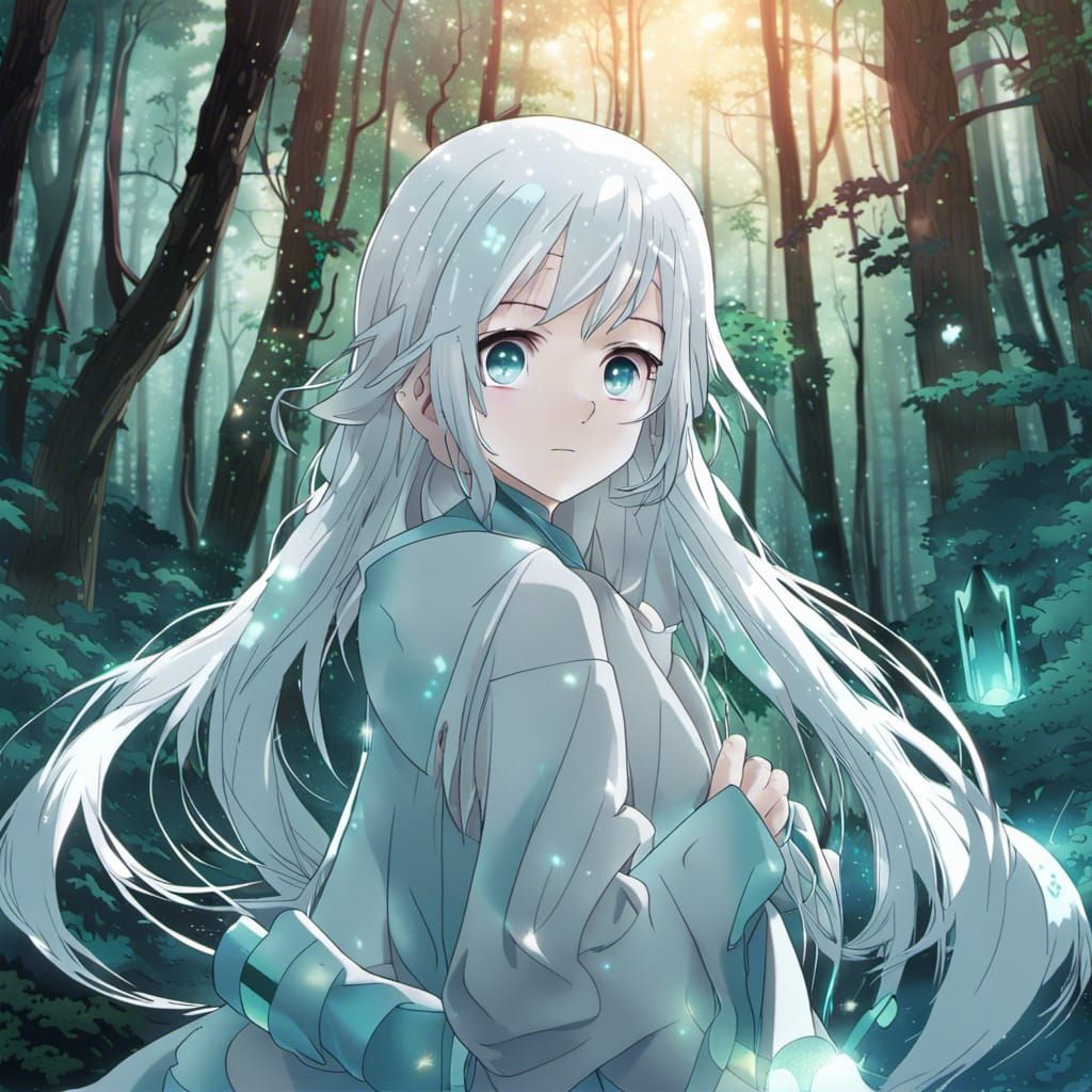 Ghostly Anime Girl in Teal Forest, Manga Style