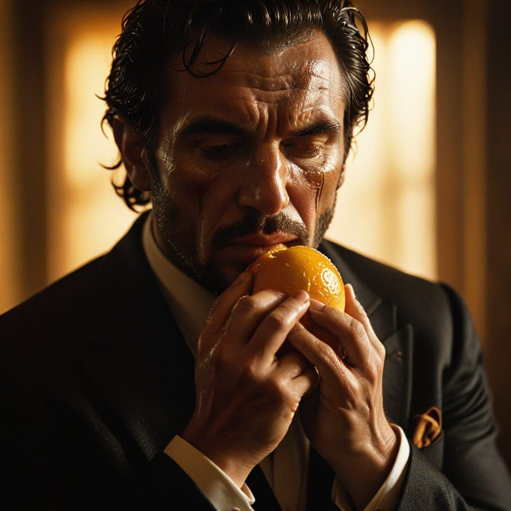 Chiseled Mafioso Savoring Summer's Bounty in Warm, Earthy To...