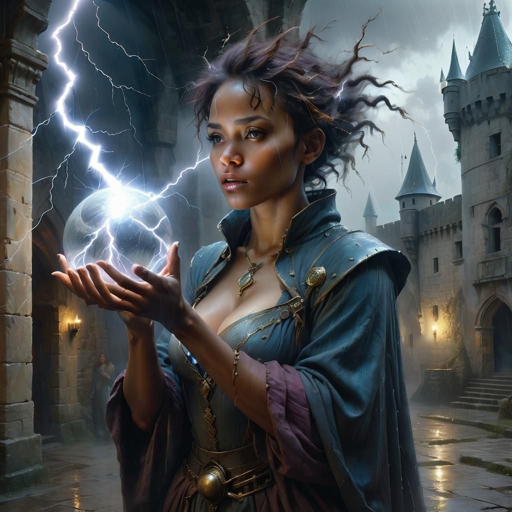 Female Lightning Mage in Medieval Castle Painting