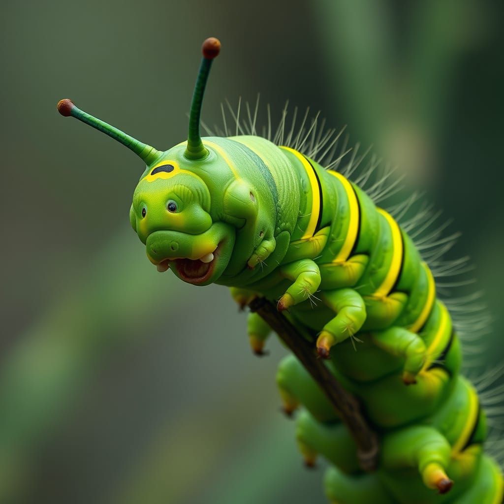 Enthusiastic Caterpillar in Hyperrealistic Style