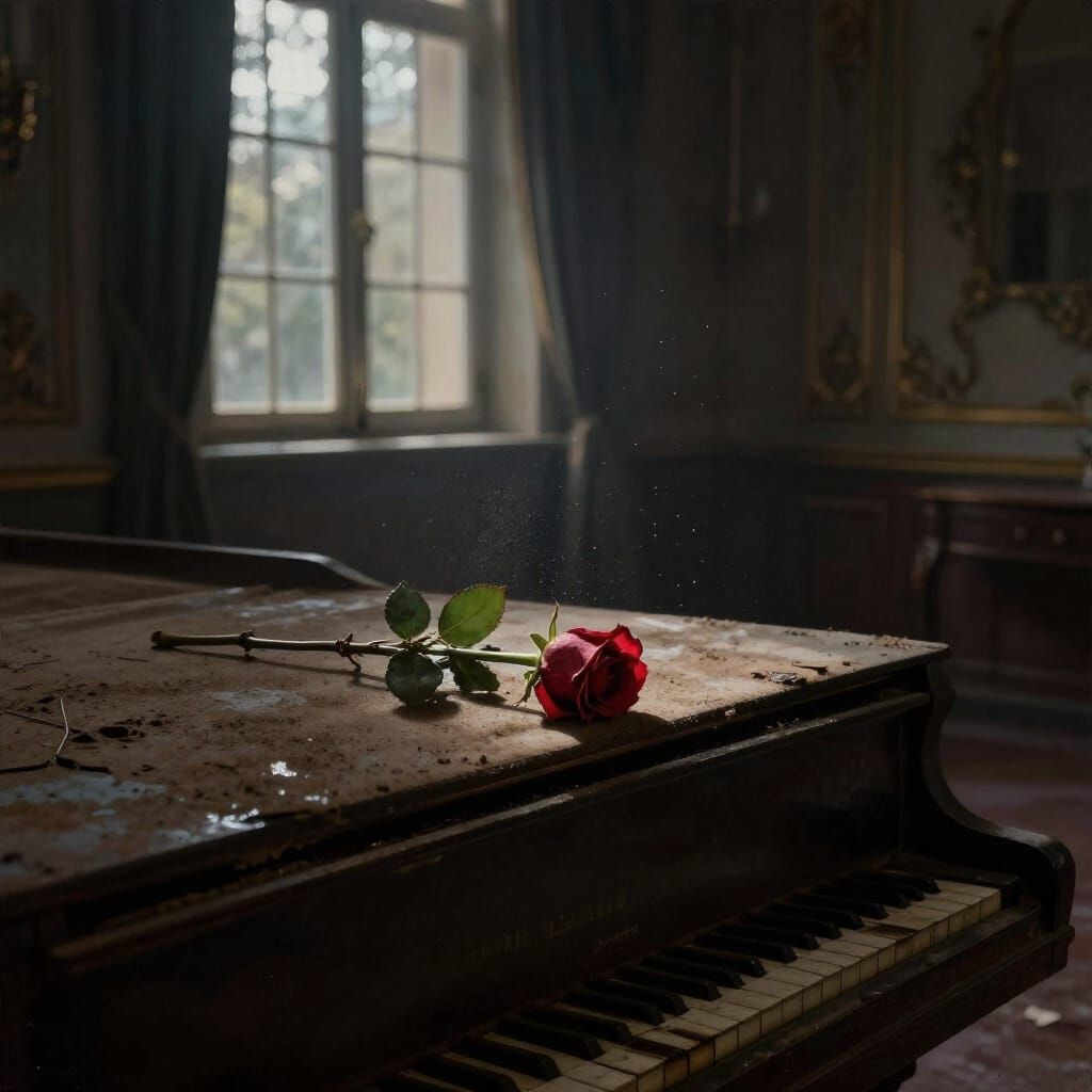 Wilted Rose on Abandoned Piano Oil Painting