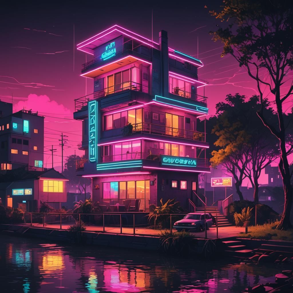 Synthwave Cabin on River Bank at Night
