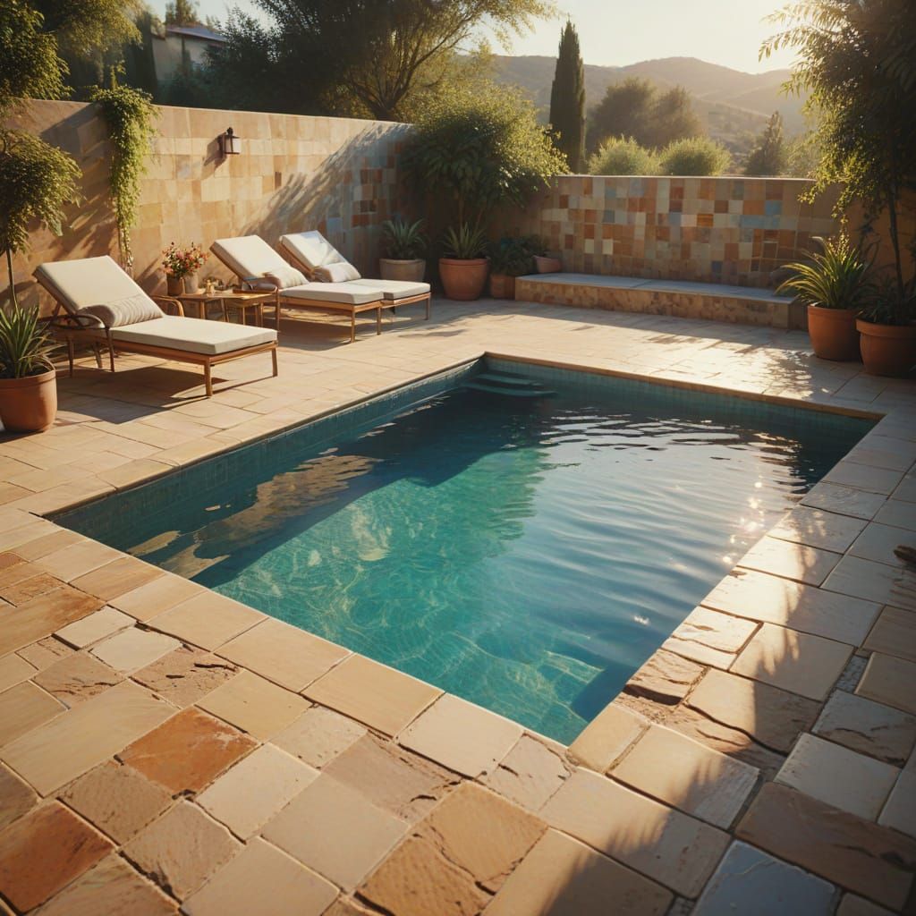 Terrace with Pool: Vibrant Oil Painting in Sunlight