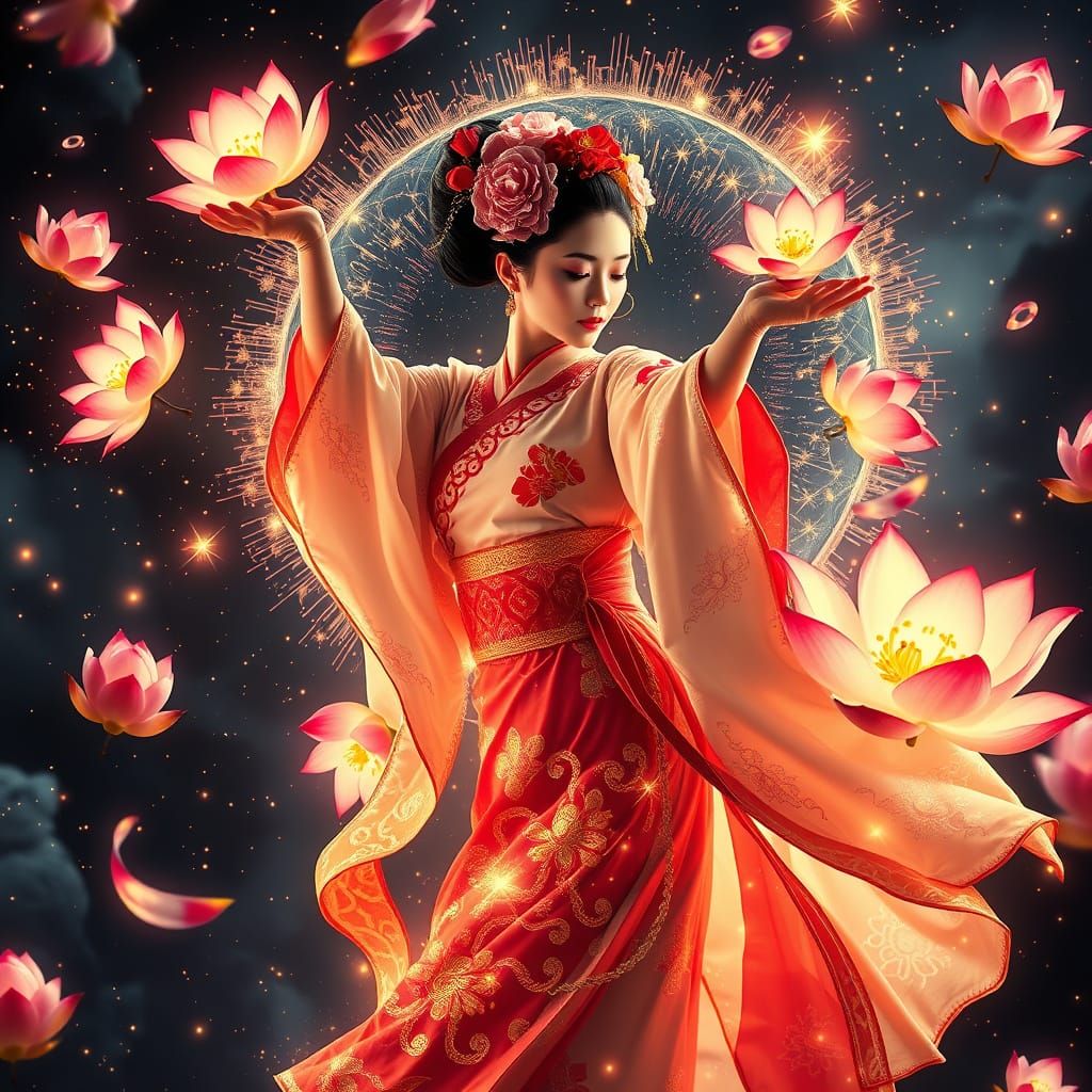 Geisha Dances Amidst Lotus Flowers and Fireworks
