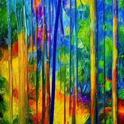 Lush Tropical Rainforest Painting in Impasto Style