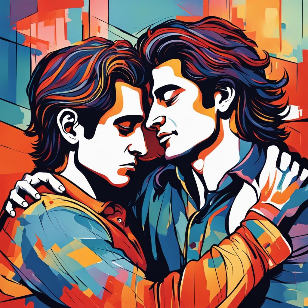 Gay Couple Embrace: Abstract Art with Fine Details